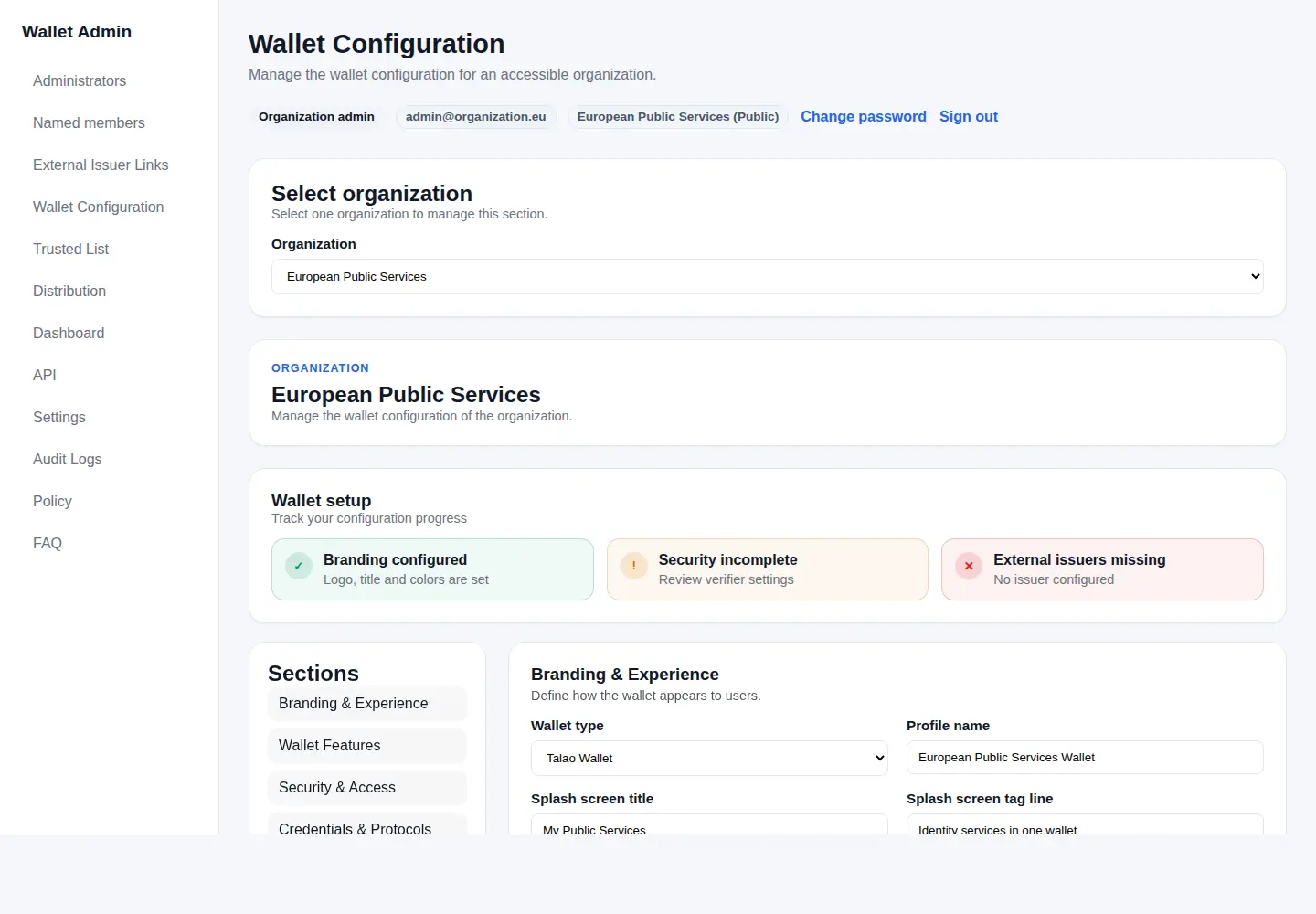 Wallet Provider Backend administration interface for configuring a wallet deployment